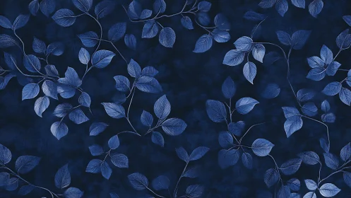 Monochrome blue leaf pattern on dark decorative background.