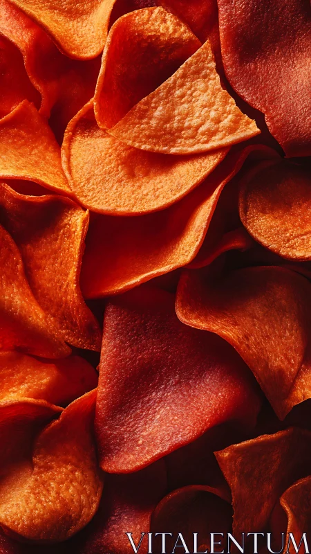 Cozy close up of crunchy red chips with warm golden glow.