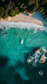 Solitary paddleboard on turquoise shoreline from above.