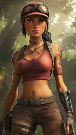 Stylized jungle explorer girl with cropped top and cap gear