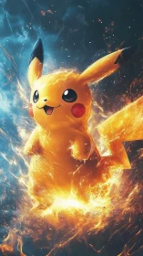 Pikachu stands in intense fiery energy against dark sky