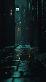 Rain soaked alleyway under teal and yellow streetlights.