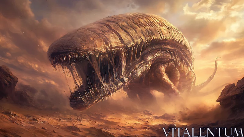 Colossal desert beast rising through stormlit golden dust.
