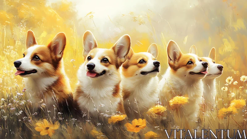 Corgi chorus basking in golden meadow sunshine together.