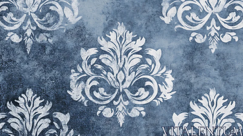 Ornate white damask motif repeats on textured blue background
