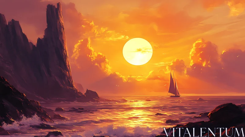 Sun-drenched waves escort a lone sail past volcanic cliffs