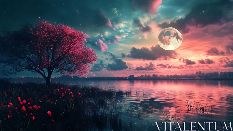 Moonlit lake glows gently beneath a dreamy blossom tree