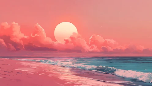 Radiant pastel sunset over tranquil shoreline waves.
