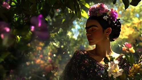 Woman with floral crown in sunlit garden holding bouquet.