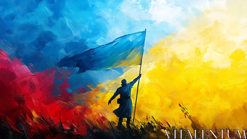 Patriotic figure raises blue flag amid fiery tricolor sky.