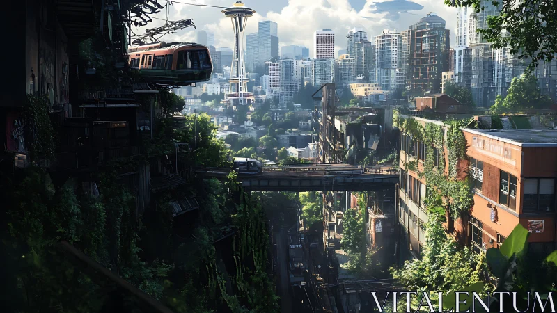 Post-apocalyptic Seattle canyon with suspended tramway and overgrowth