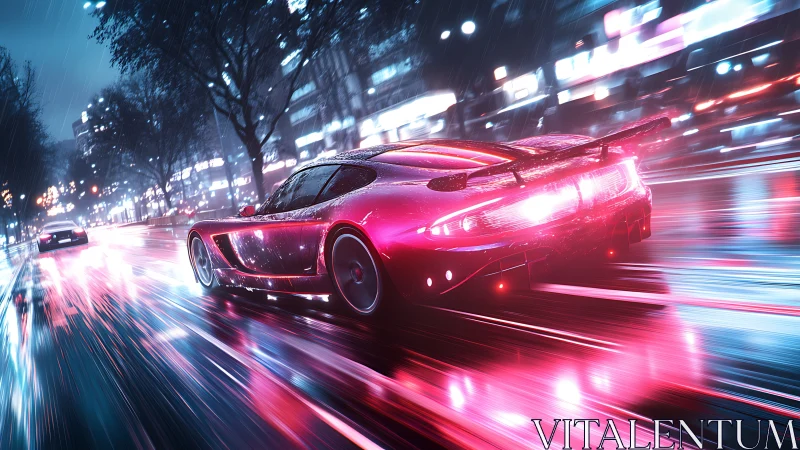 Red sports car speeds through neon city in heavy rain.