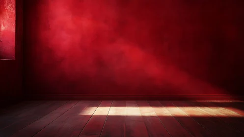 Sunlit red interior with textured wall and hardwood flooring
