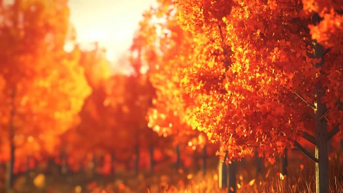 Autumn ember forest glowing under a slow honeyed sunrise.