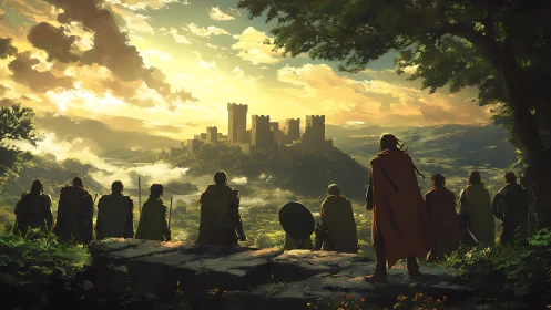 Medieval figures observing distant hilltop fortress at dawn.