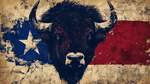 Buffalo portrait over weathered Texas-style flag background.