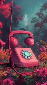 Retro pink rotary phone amid neon jungle dreamscape.
