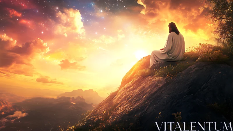 Figure in white robe on glowing cliff at dramatic sunset sky.