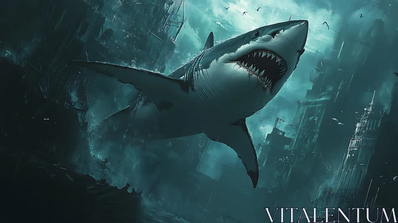 Colossal shark surges through flooded futuristic ruins.