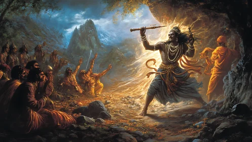 Mythic warrior channels radiant power in stormlit cavern