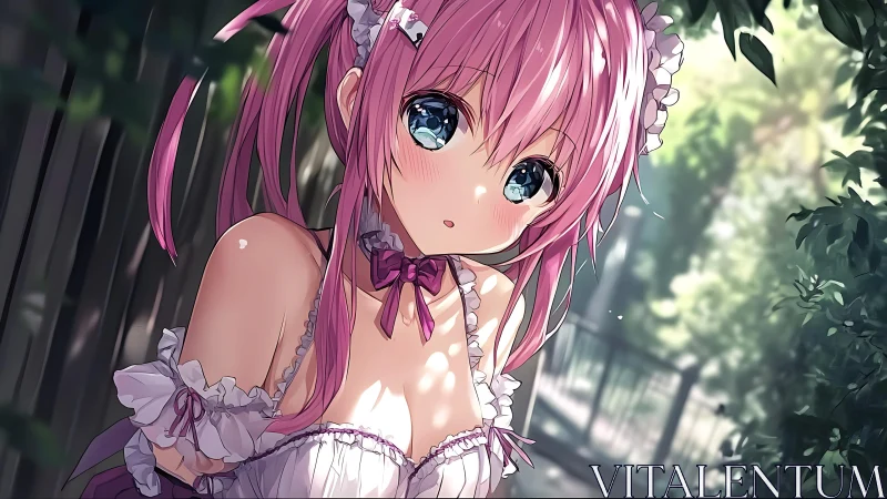 Pink haired anime girl in frilled dress outdoors in shade.