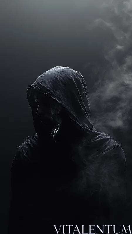 Hooded silhouette emerges from vapor under dramatic rim light
