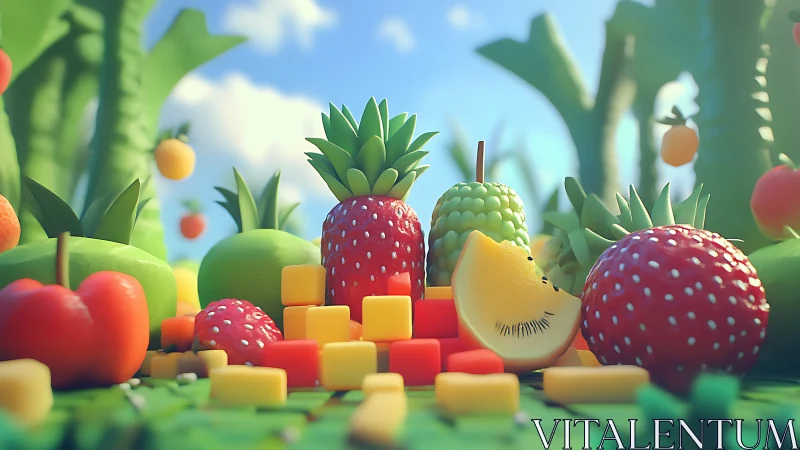 Playful tropical fruit landscape in vibrant 3D render.