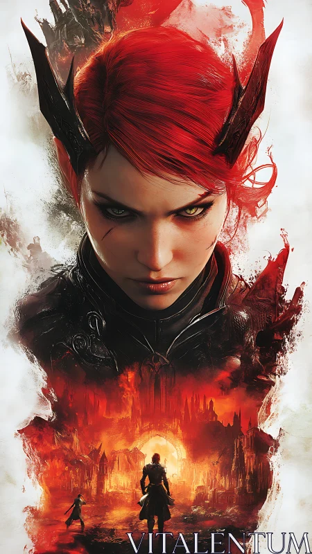 Red haired armored figure with horned crown above burning city.