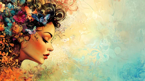 Profile portrait with butterflies and abstract floral elements.