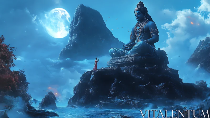 Moonlit blue deity statue over misty mountainscape at night.