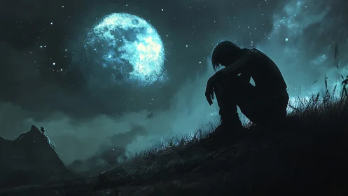 Silhouetted lone figure on hillside under luminous cyan moon