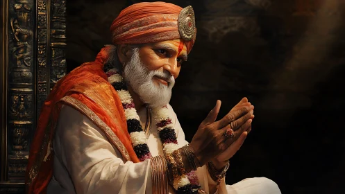 Photorealistic portrait of elderly spiritual guru in warm light.