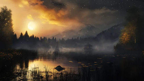 Sunlit misty lake with forest, mountains and distant gazebo