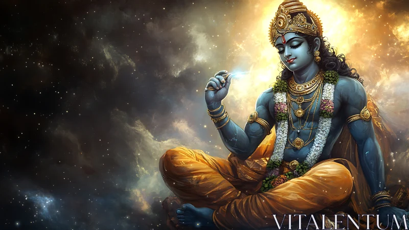 Cosmic blue deity in stellar nebula with radiant aureole glow.