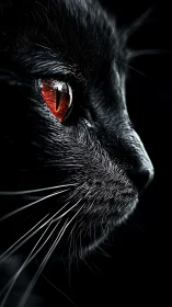Black cat close up reveals dramatic crimson eye in shadow
