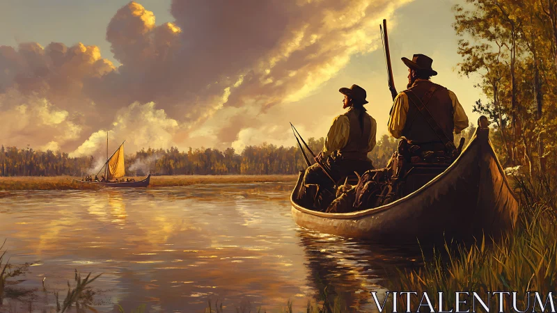 Frontiersmen in a canoe watch a trading boat at dusk