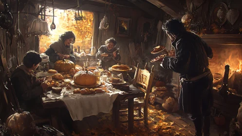 Autumn family gathers around rustic table in warm chiaroscuro