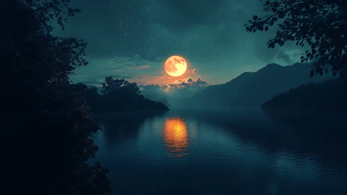 Full moon illuminates calm lake between dark forest hills