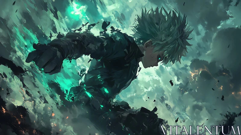 Stormlit hero dives through a swirling sky in glowing power