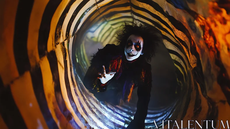 Creepy clown figure crawling through striped tunnel scene.