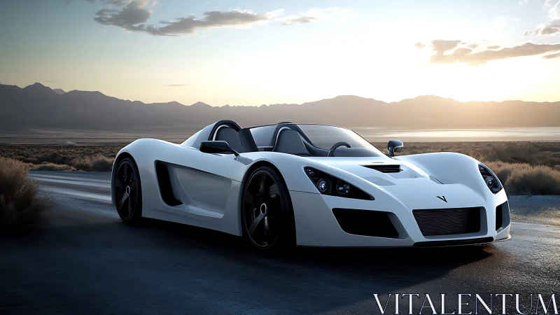 Aerodynamic white roadster rendered in sunset desert lighting.