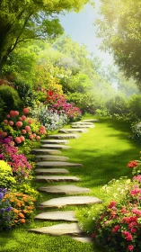 Stone path ascends through dense, sunlit garden vegetation