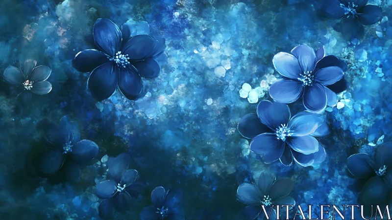 Digital rendering of five-petaled flowers in monochromatic blue palette