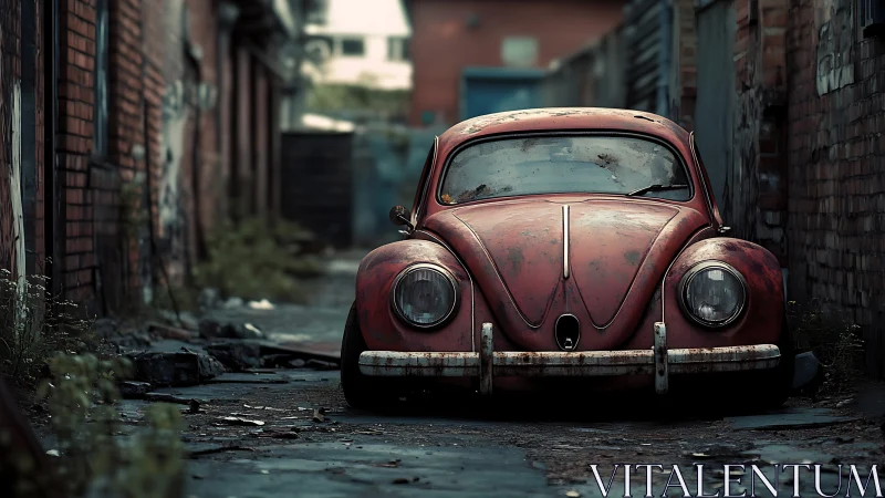 Rusty red vintage car sits abandoned in narrow alleyway