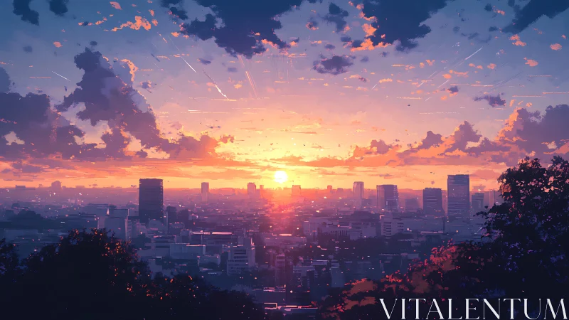 High-rise city skyline under radiant sunset stratocumulus