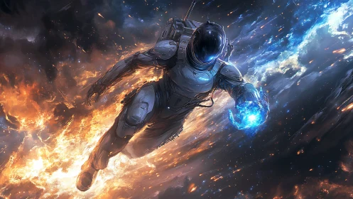 Armored astronaut propels through fiery and icy cosmic field