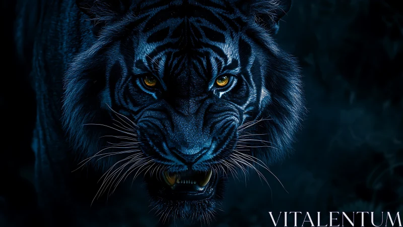 Digital close-up depicts a low-key blue-toned tiger face