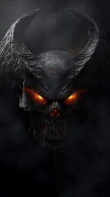 Infernal horned skull with molten eyes in black void.