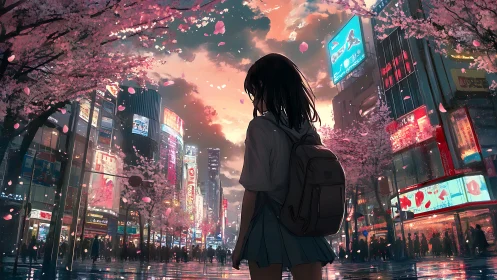 Solitary schoolgirl surveys neon city beneath drifting sakura petals