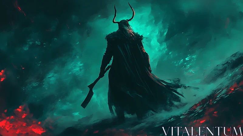 Horned warrior surveys burning voidlit battlefield alone